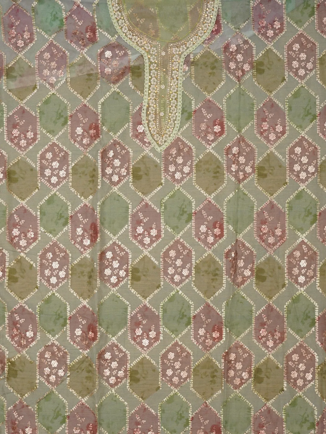 Sequin Green Embroidered Organza Dress Material with Dupatta