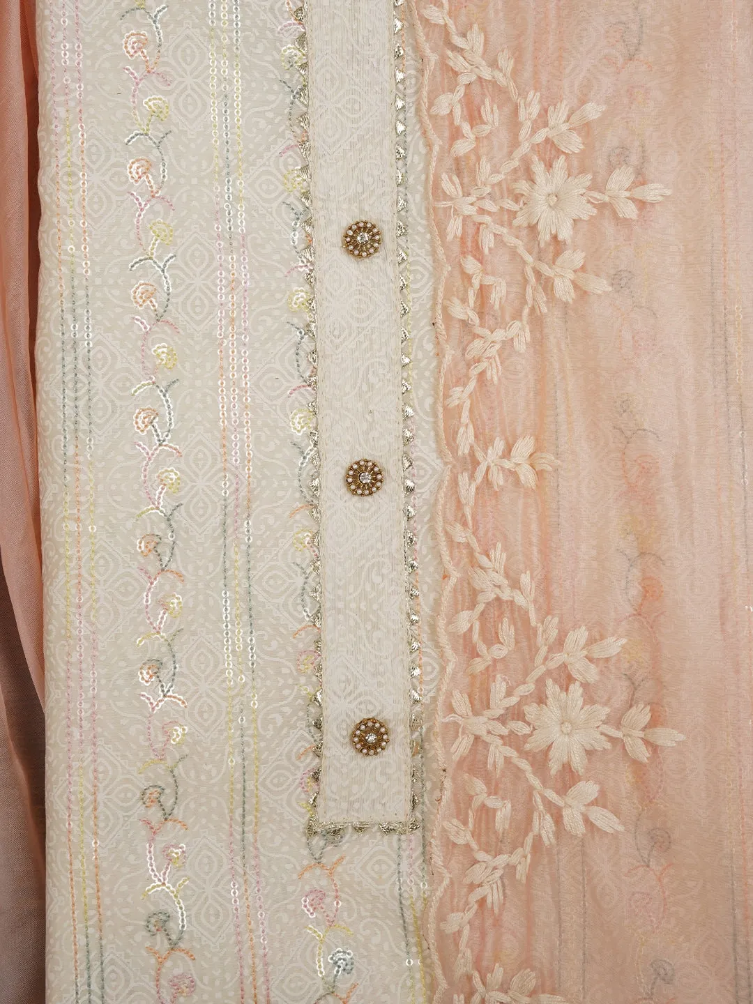 Sequin Off White Embroidered Silk Blend Dress Material with Dupatta