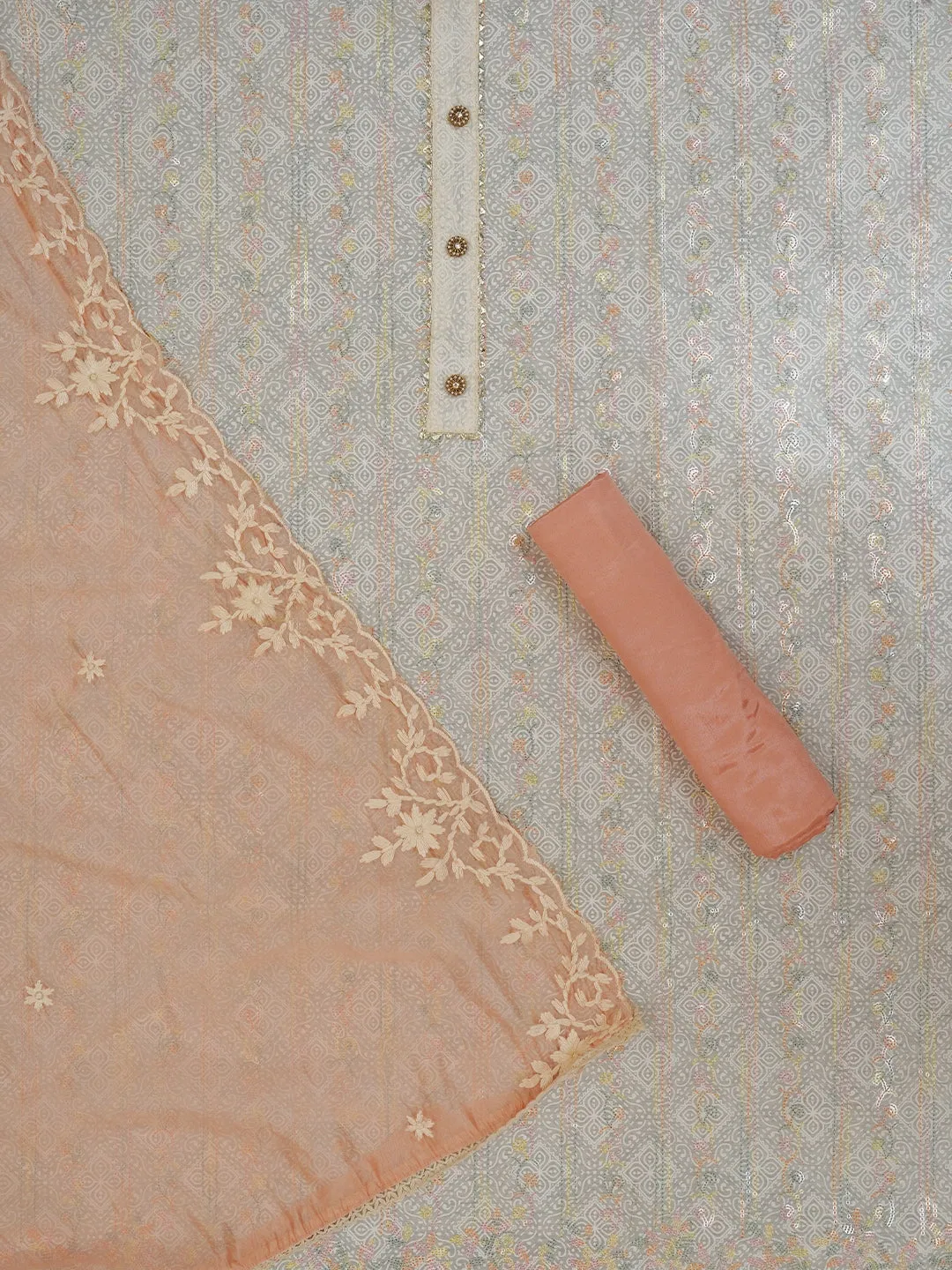 Sequin Off White Embroidered Silk Blend Dress Material with Dupatta