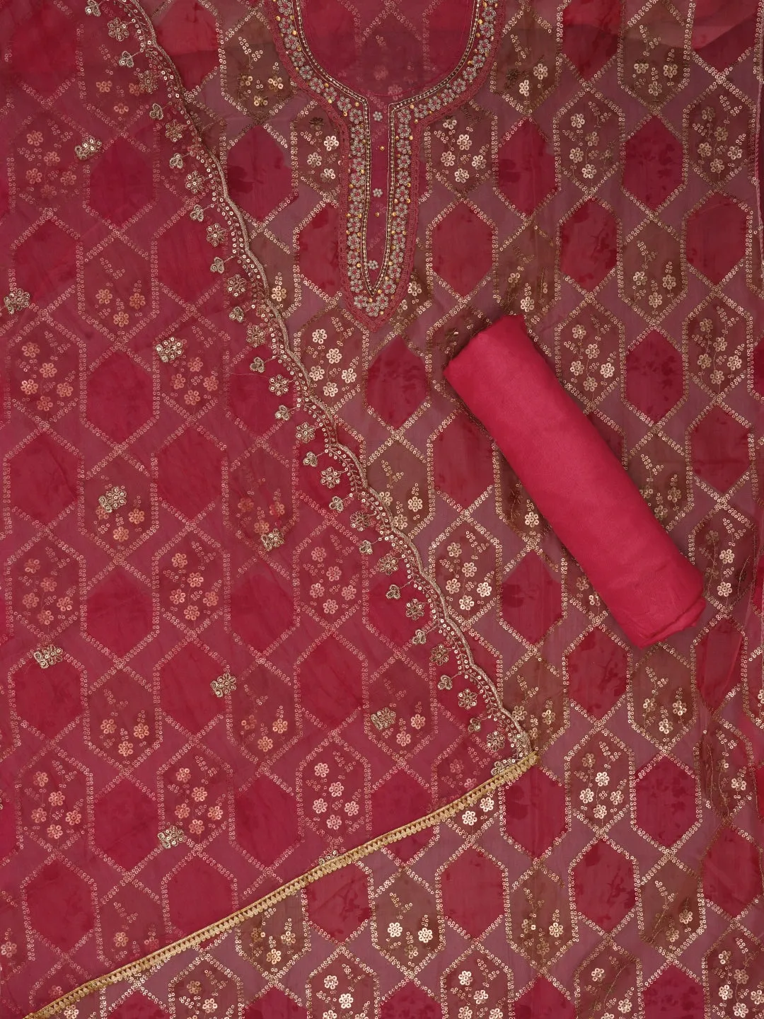 Sequin Pink Embroidered Organza Dress Material with Dupatta