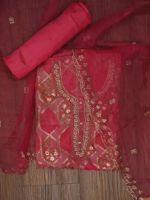 Sequin Pink Embroidered Organza Dress Material with Dupatta