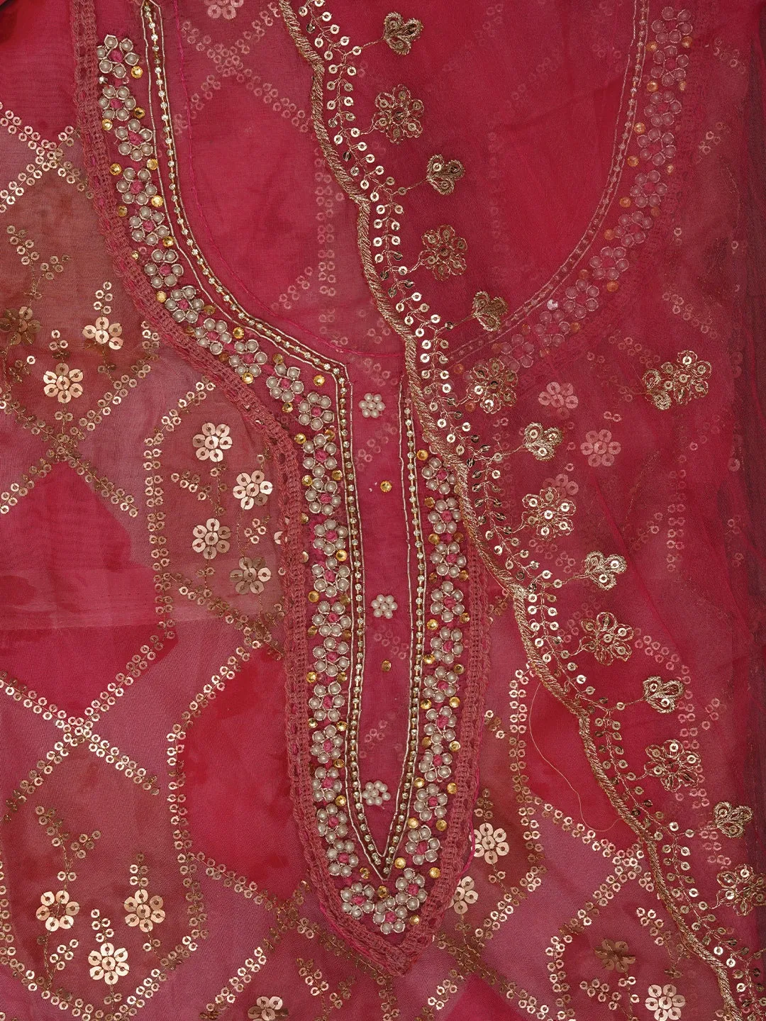 Sequin Pink Embroidered Organza Dress Material with Dupatta