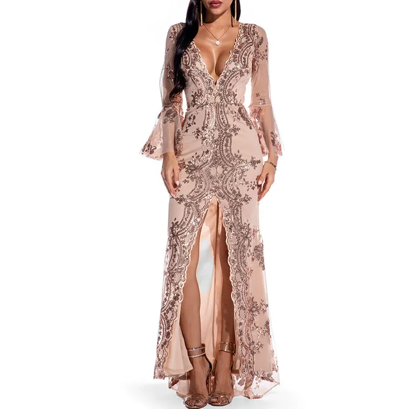 Sequins Deep V-Neck Sheer Mesh Patchwork High Split Dress