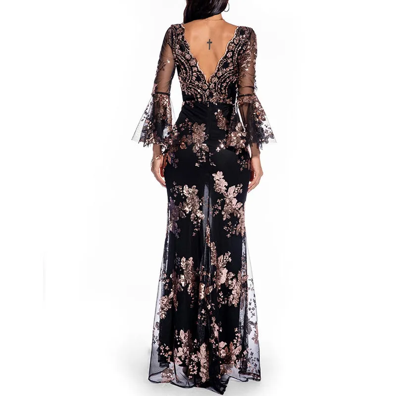 Sequins Deep V-Neck Sheer Mesh Patchwork High Split Dress