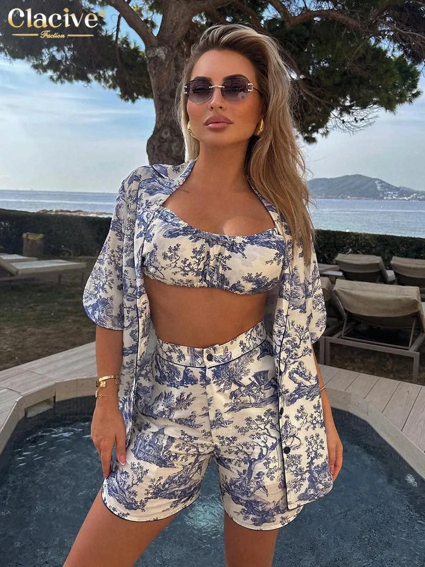 Sexy 3 Piece Sets Short Sleeve Shirt   Bra With High Waist Shorts Set Summer Clothes