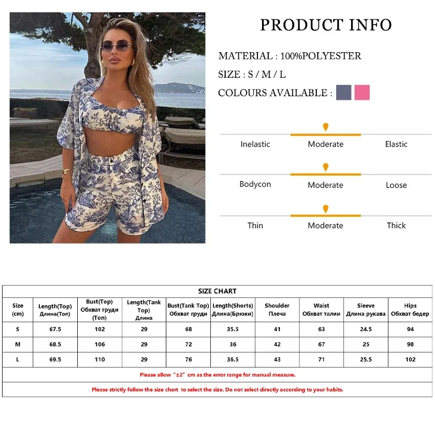 Sexy 3 Piece Sets Short Sleeve Shirt   Bra With High Waist Shorts Set Summer Clothes