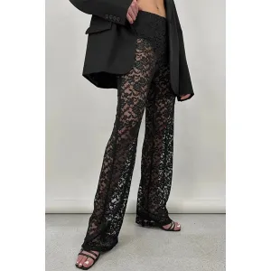 Sexy Patchwork Lace See Through Straight Pants: Black