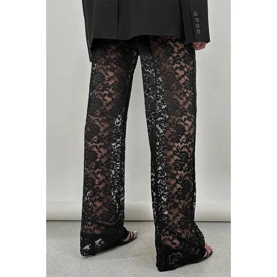Sexy Patchwork Lace See Through Straight Pants: Black