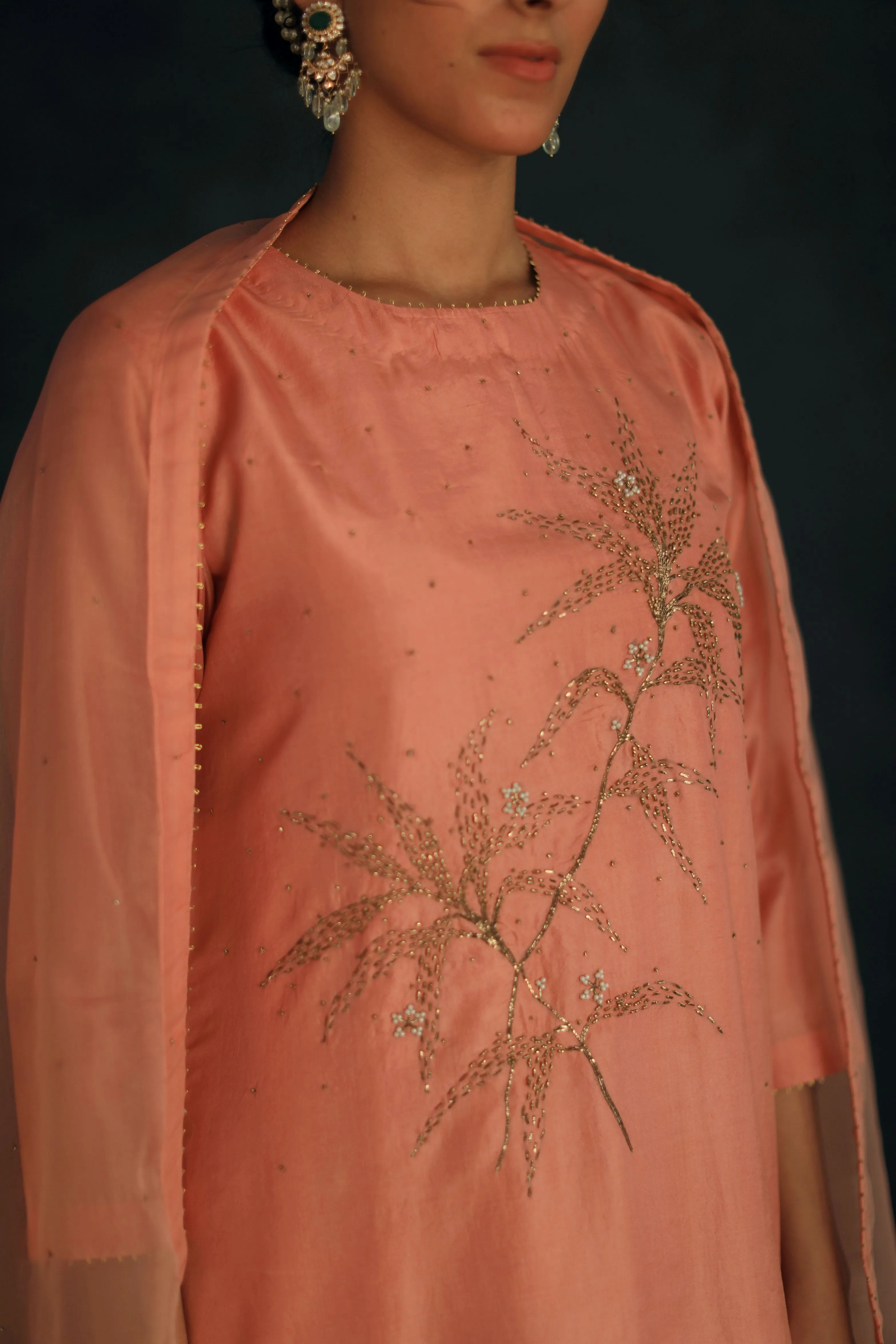 Shikha Mehta Jungkook Salmon Hania Kurta Set Silk Silk Chanderi Silk Organza Pink Hana Ss21F-Hk