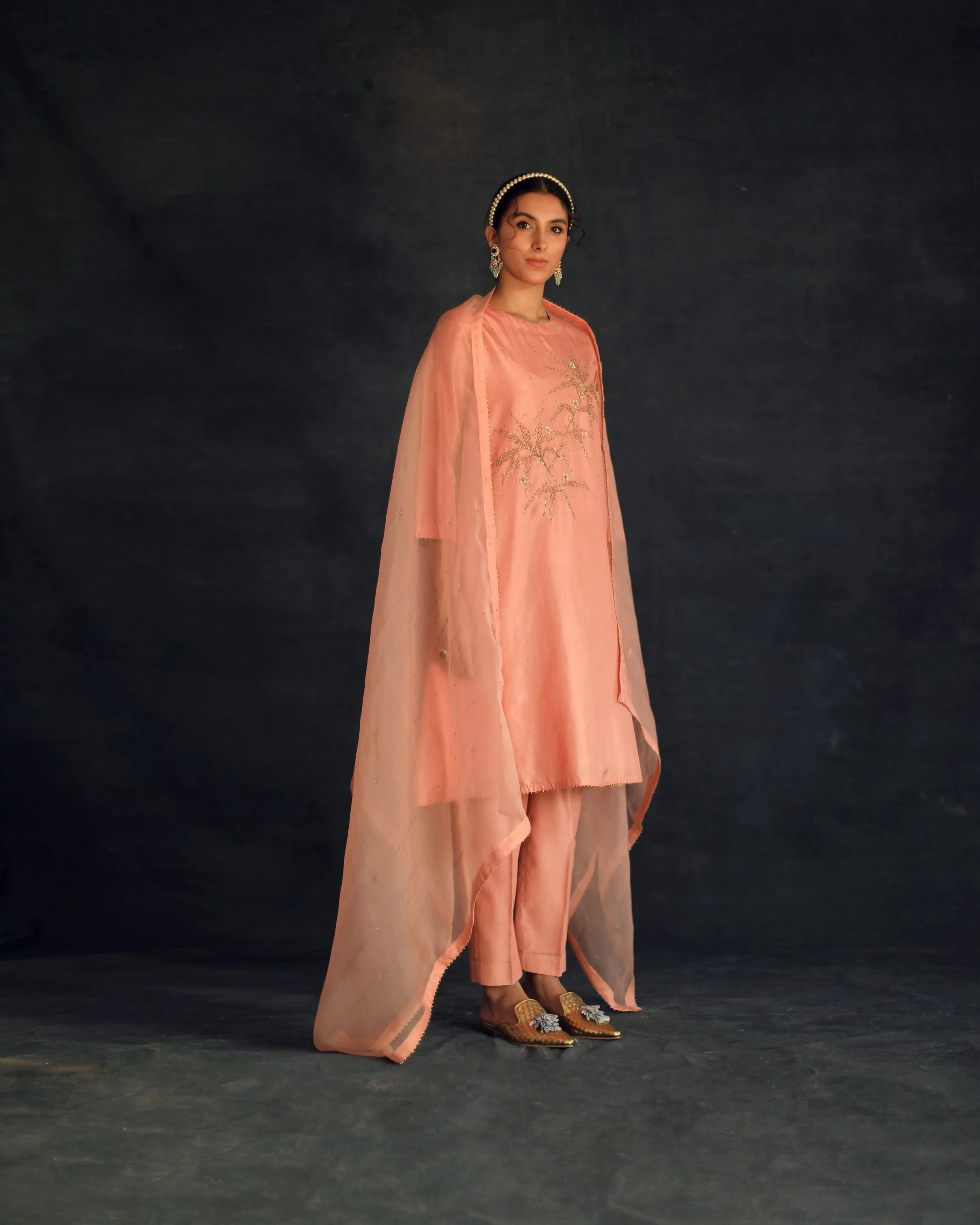 Shikha Mehta Jungkook Salmon Hania Kurta Set Silk Silk Chanderi Silk Organza Pink Hana Ss21F-Hk