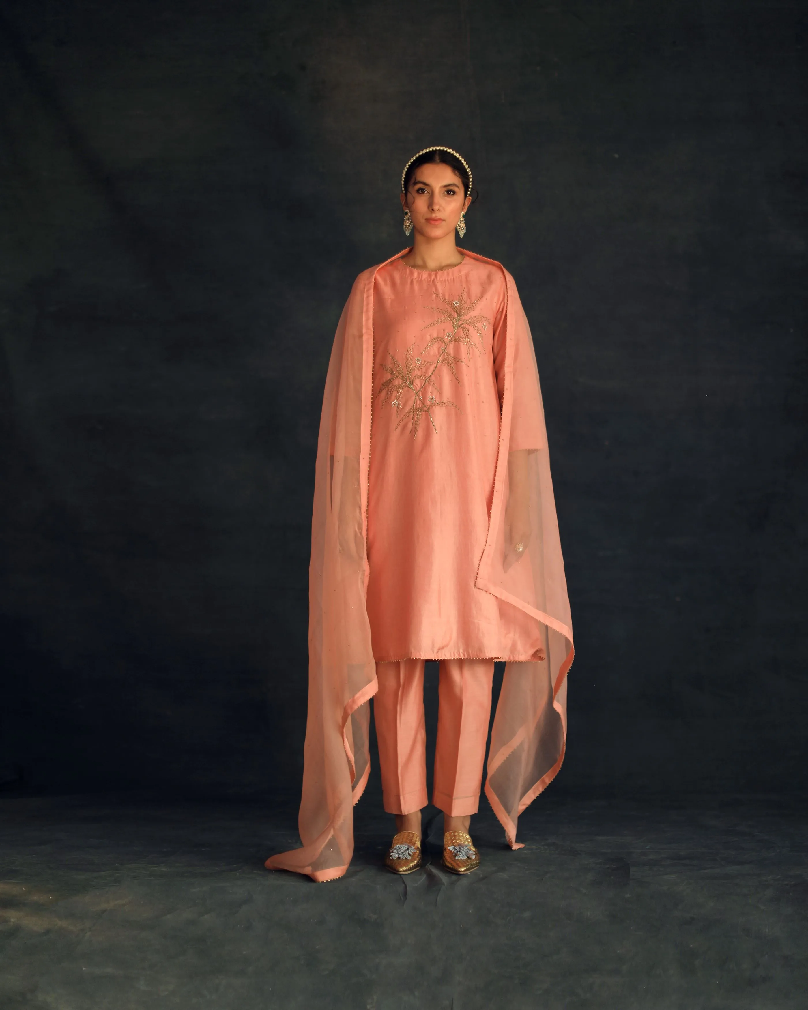 Shikha Mehta Jungkook Salmon Hania Kurta Set Silk Silk Chanderi Silk Organza Pink Hana Ss21F-Hk