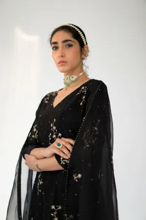 Shikha Mehta Rashmika Black Alma Kurta Set Silk Chanderi Silk Organza Black Hana Ss21F-Ba