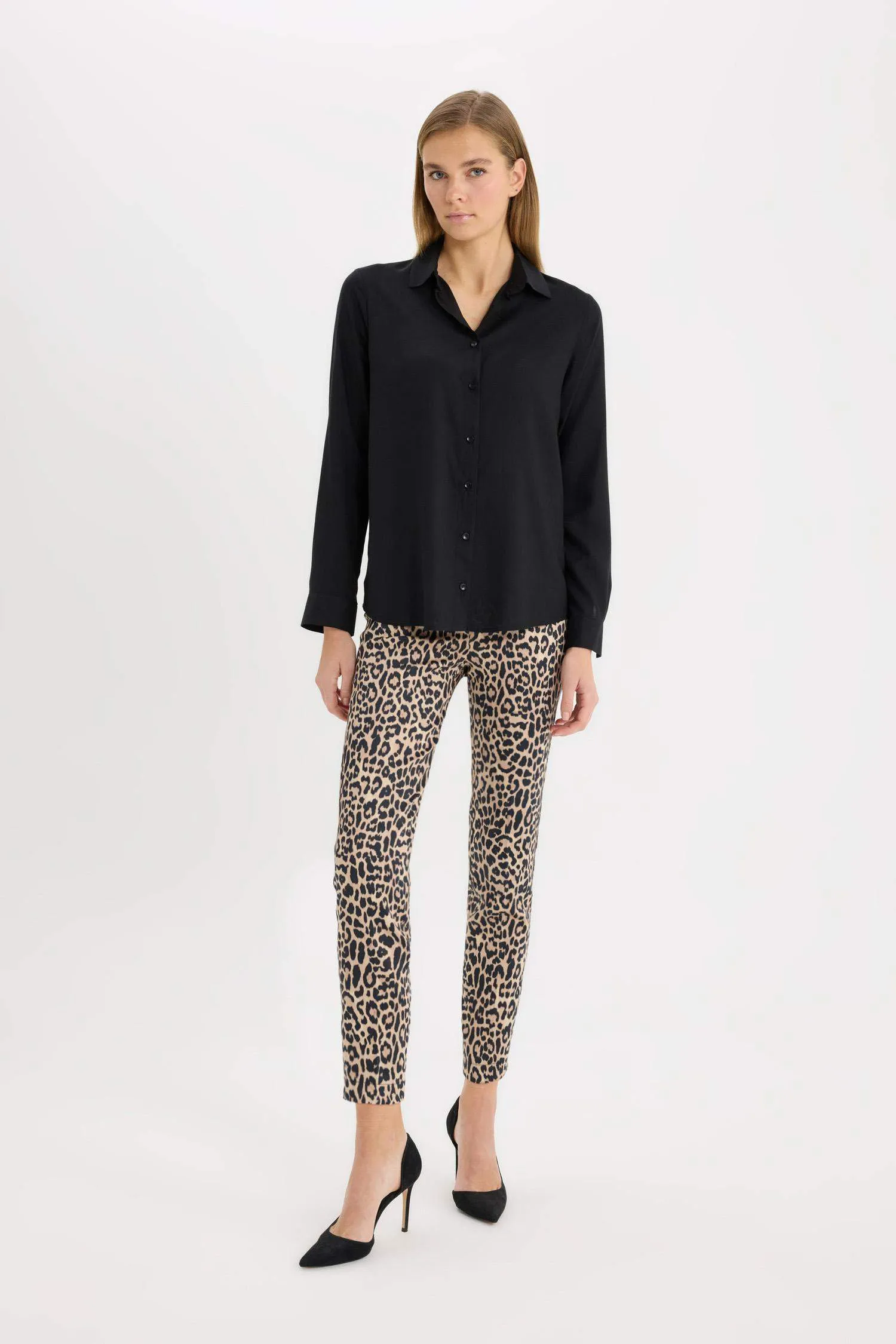 Sigaret Satin Fabric Pants Leopard Patterned Normal Waist Waisted Plain Leg