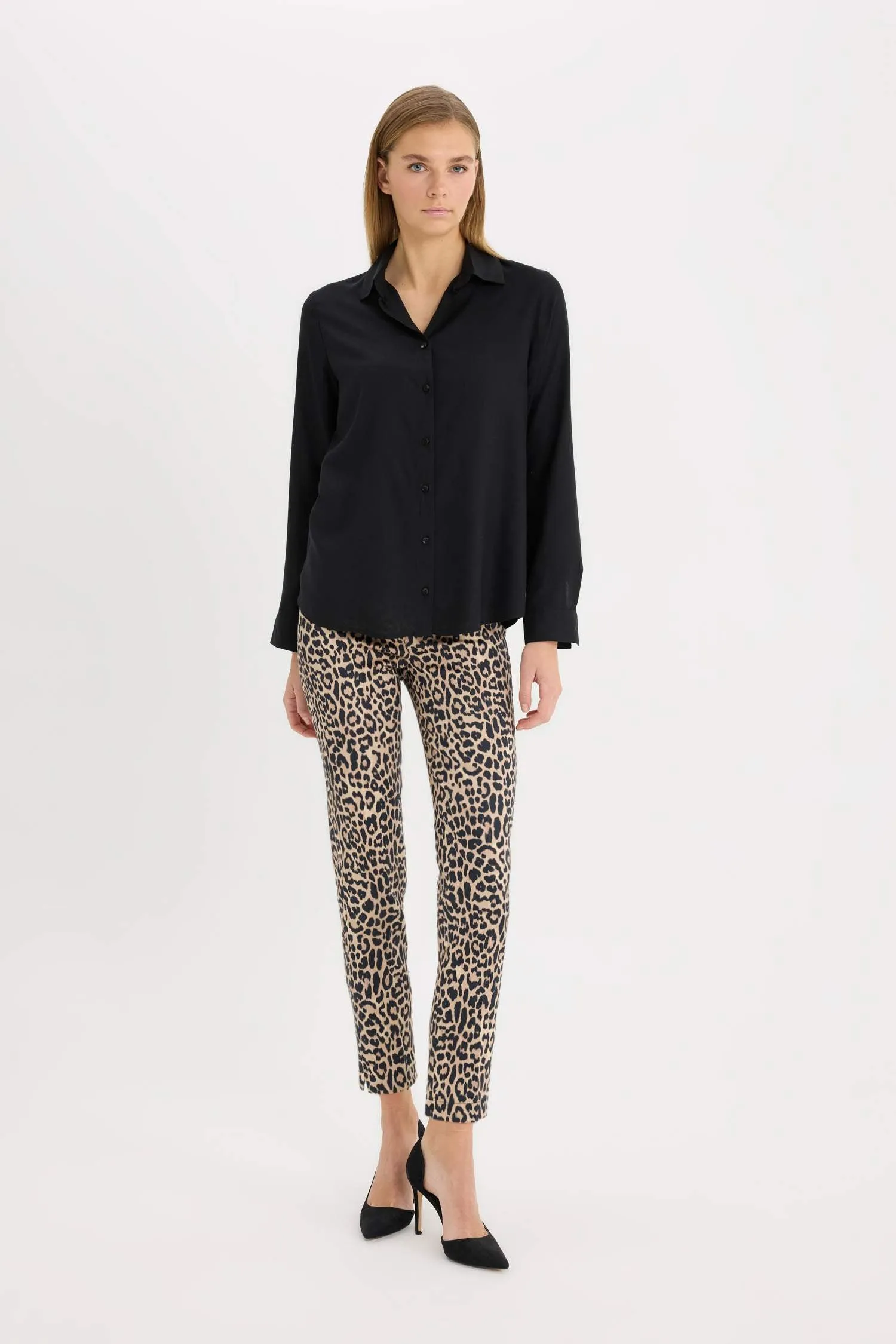 Sigaret Satin Fabric Pants Leopard Patterned Normal Waist Waisted Plain Leg