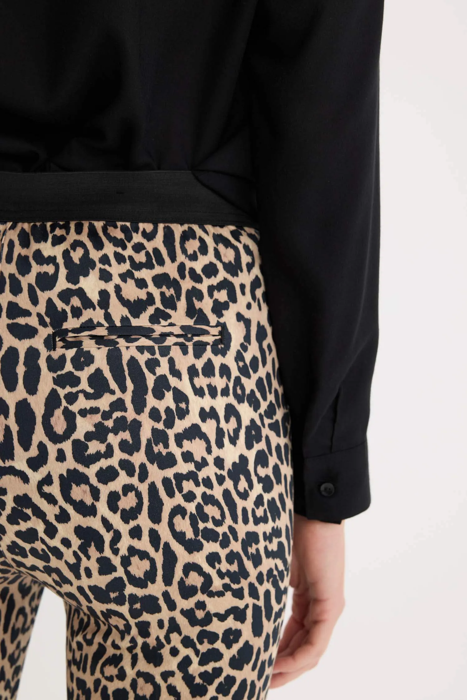 Sigaret Satin Fabric Pants Leopard Patterned Normal Waist Waisted Plain Leg