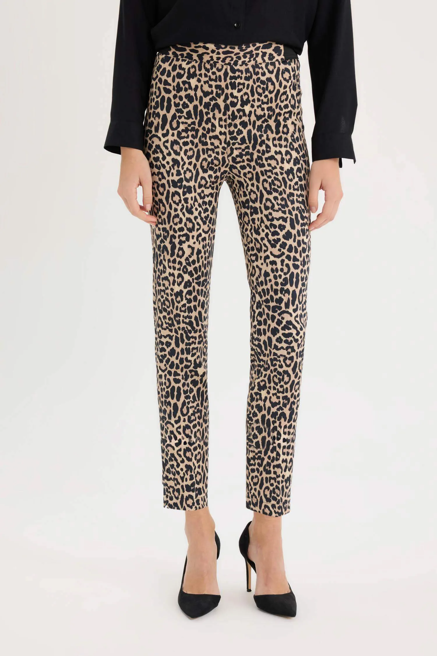 Sigaret Satin Fabric Pants Leopard Patterned Normal Waist Waisted Plain Leg