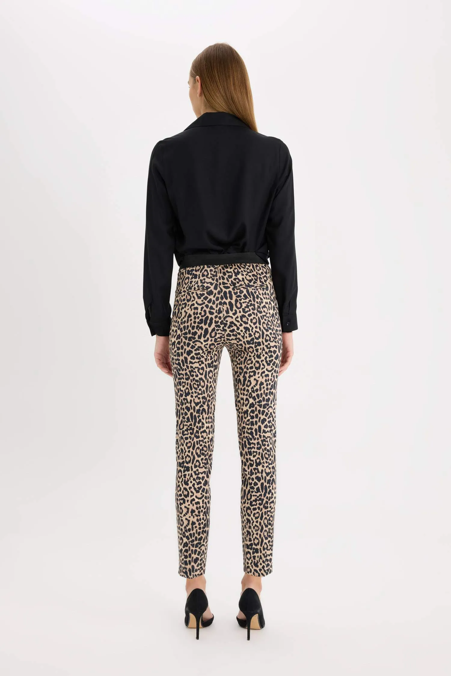 Sigaret Satin Fabric Pants Leopard Patterned Normal Waist Waisted Plain Leg