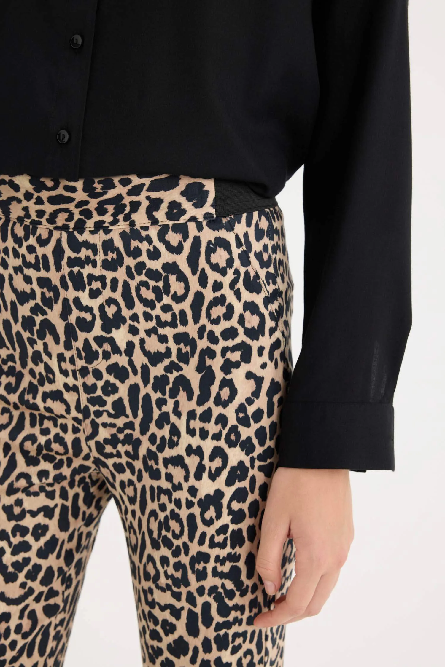 Sigaret Satin Fabric Pants Leopard Patterned Normal Waist Waisted Plain Leg