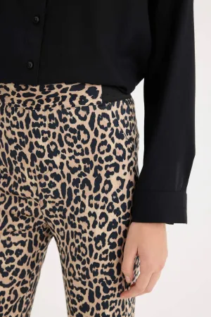 Sigaret Satin Fabric Pants Leopard Patterned Normal Waist Waisted Plain Leg