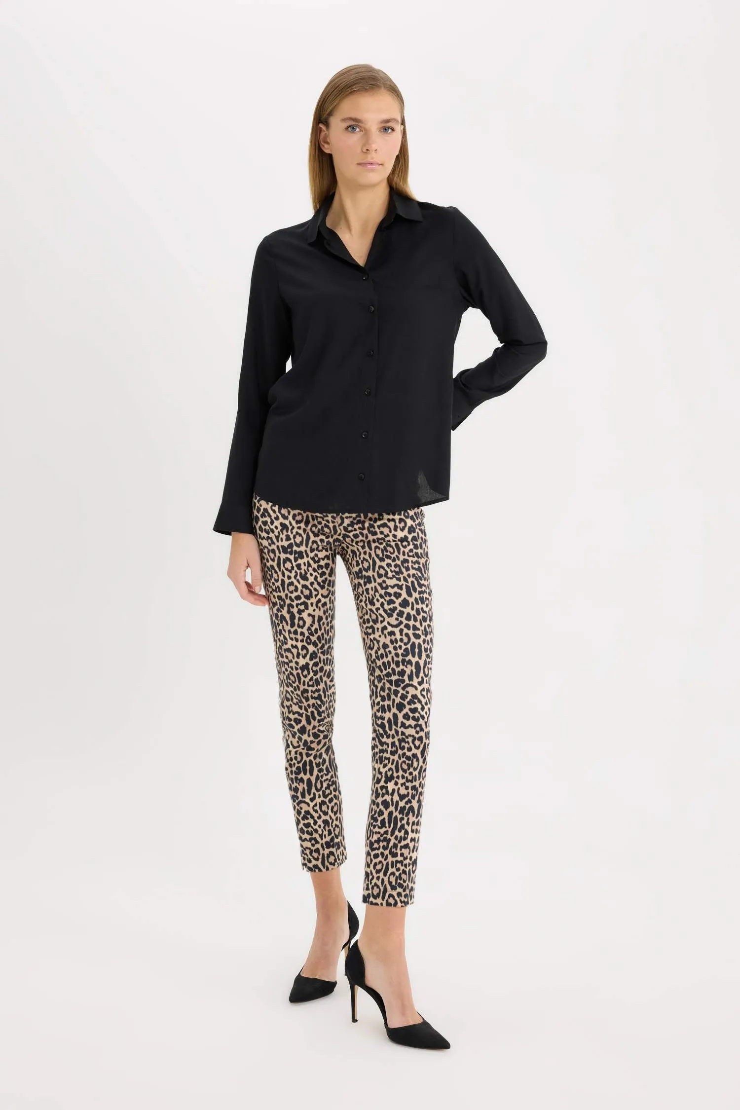 Sigaret Satin Fabric Pants Leopard Patterned Normal Waist Waisted Plain Leg