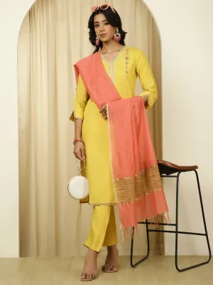 Silk Blend Mustard Embroidered Suit Set