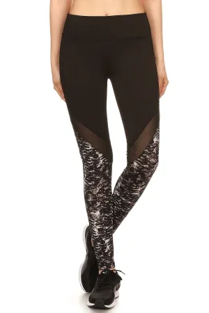 Solid Abstract Print Mesh Panel Leggings