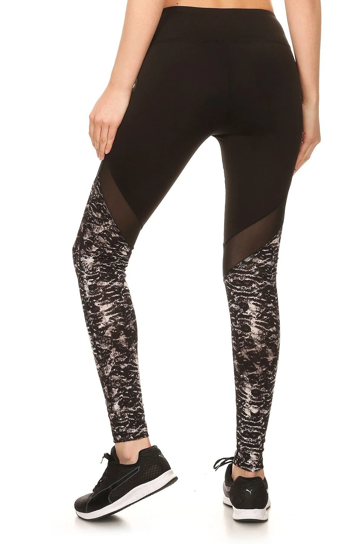 Solid Abstract Print Mesh Panel Leggings