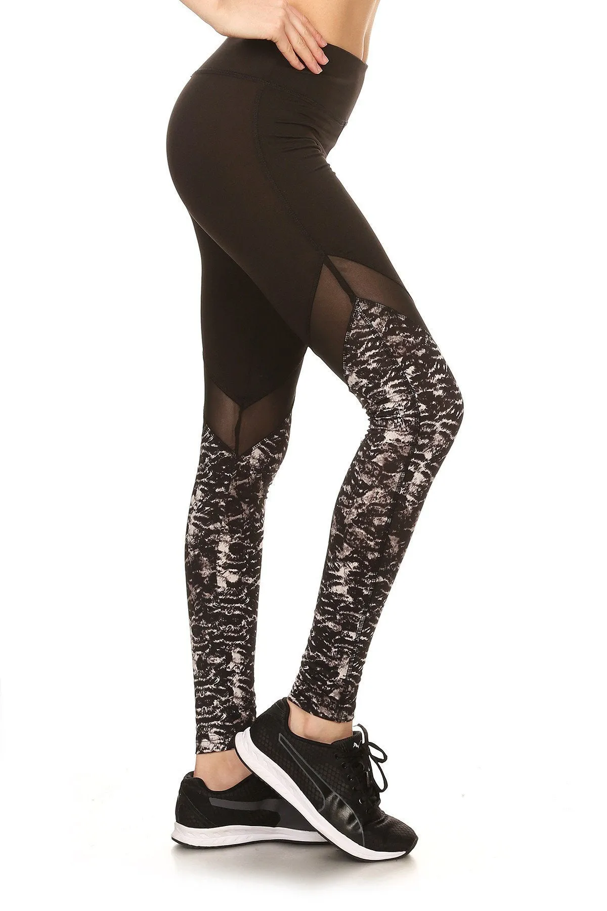 Solid Abstract Print Mesh Panel Leggings
