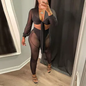 Solid Sheer Mesh Crop Top & Pants Set