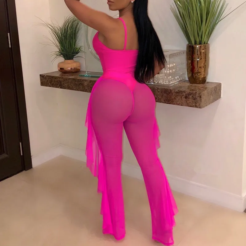 Solid Sheer Mesh Two Piece Swimsuit