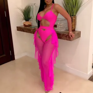 Solid Sheer Mesh Two Piece Swimsuit