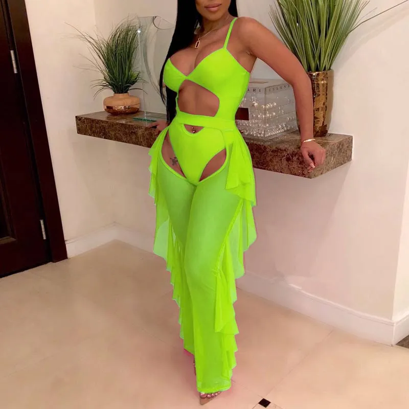 Solid Sheer Mesh Two Piece Swimsuit