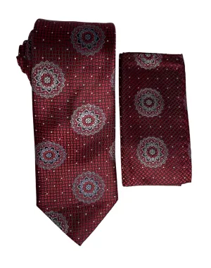 Stacy Adams Geometric Medallion Tie and Handkerchief - Burgundy