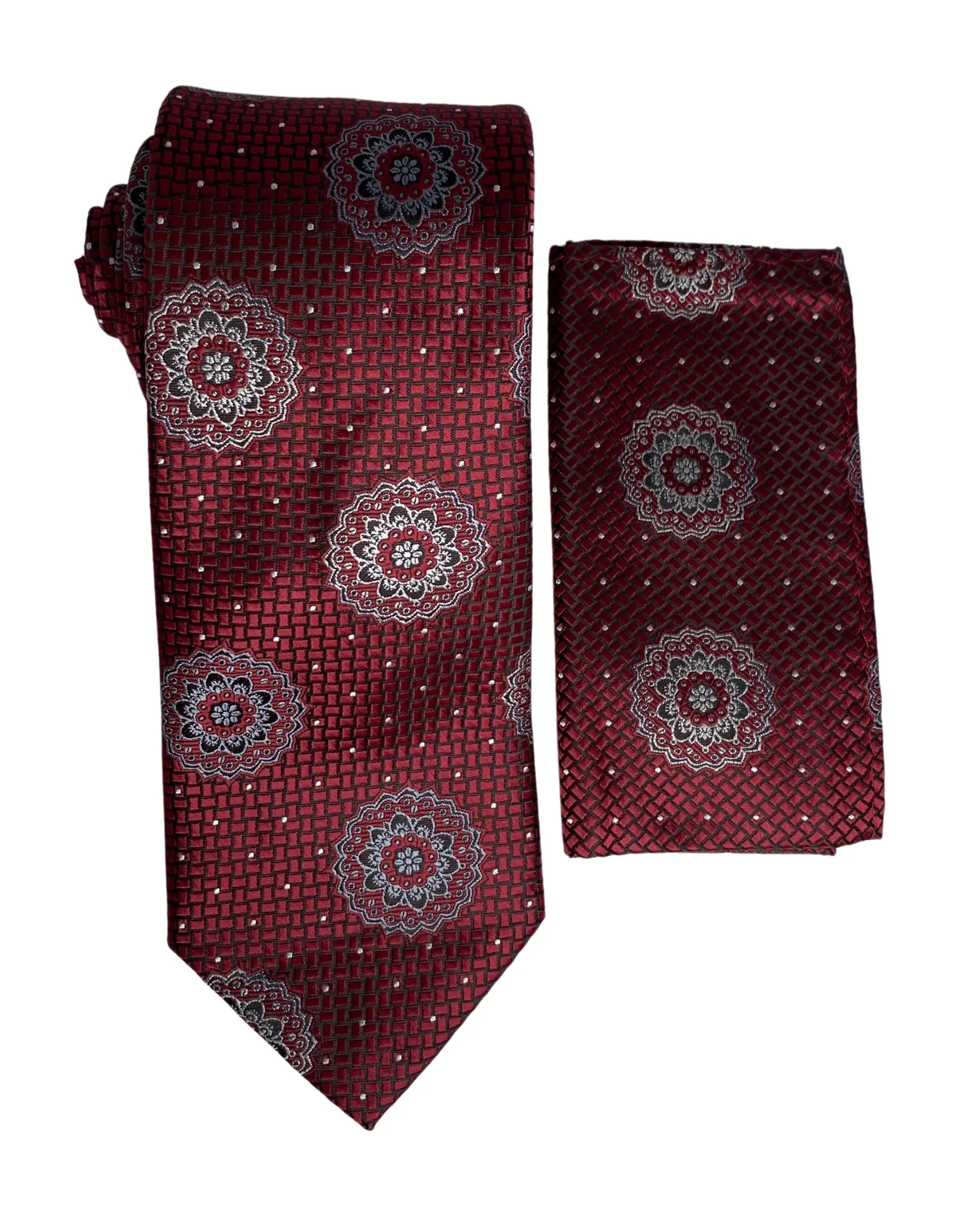 Stacy Adams Geometric Medallion Tie and Handkerchief - Burgundy