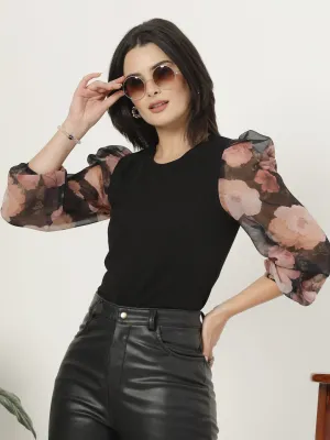Style Quotient Women Black Top with Printed Sleeves