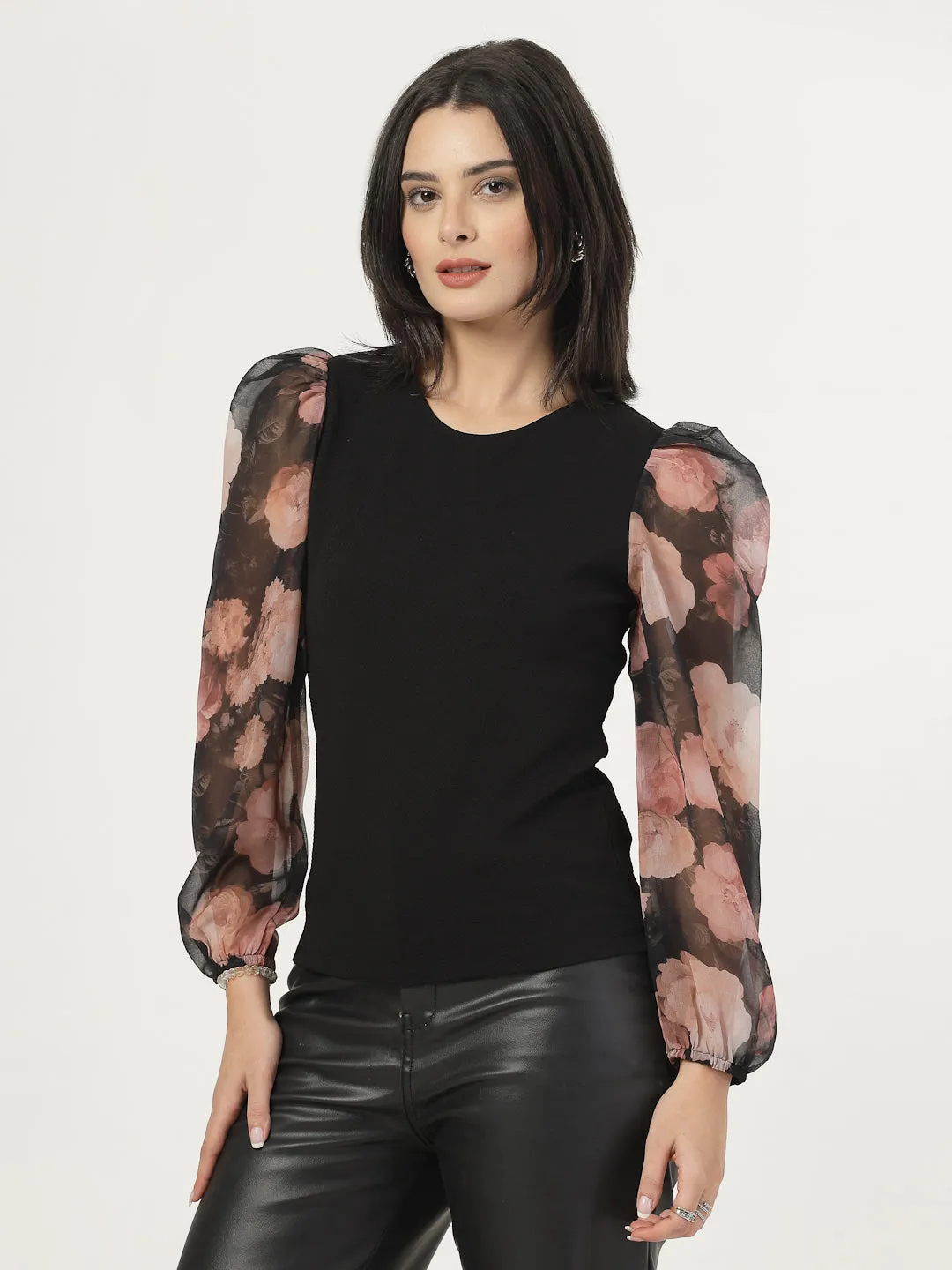 Style Quotient Women Black Top with Printed Sleeves
