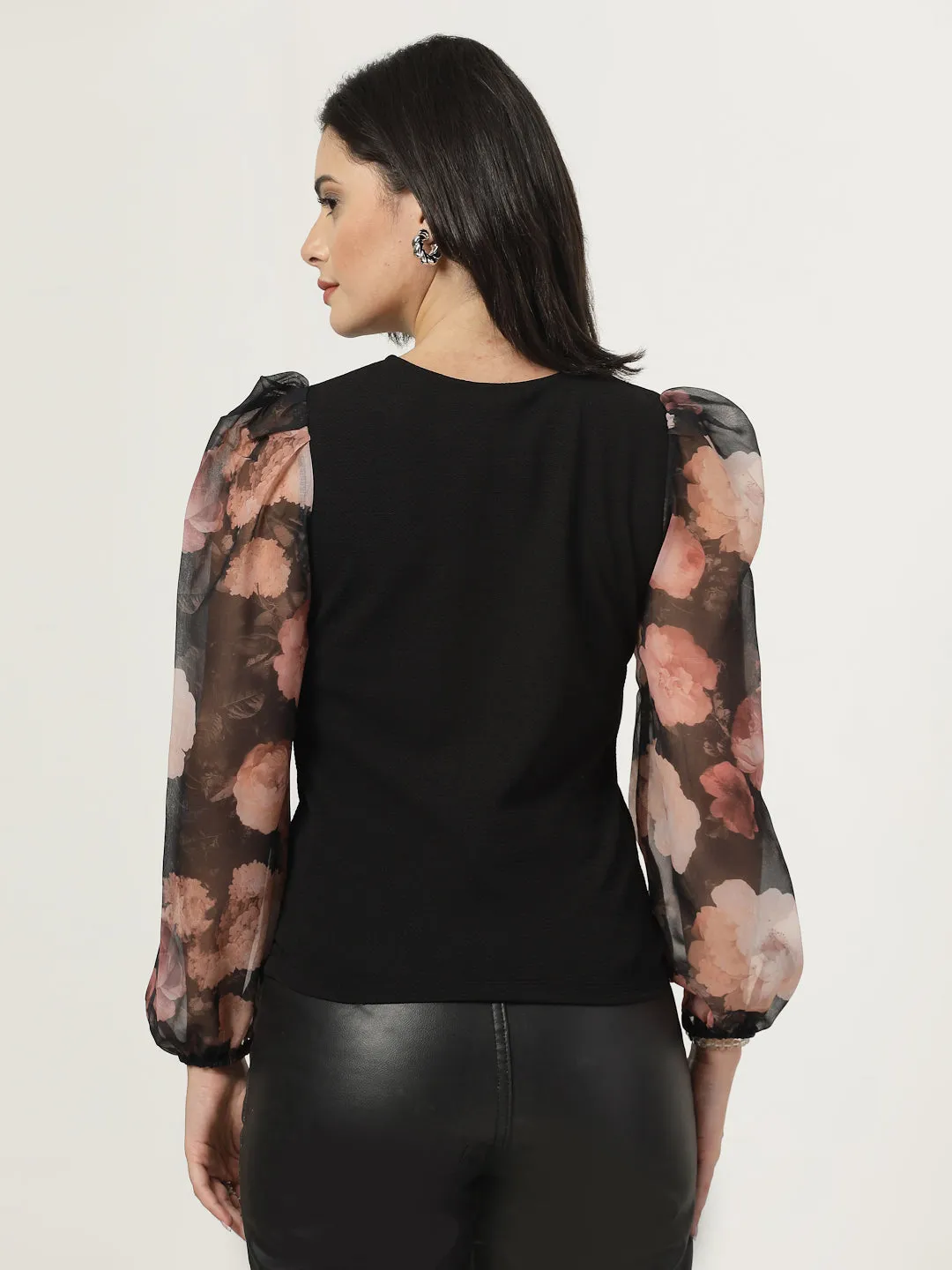 Style Quotient Women Black Top with Printed Sleeves