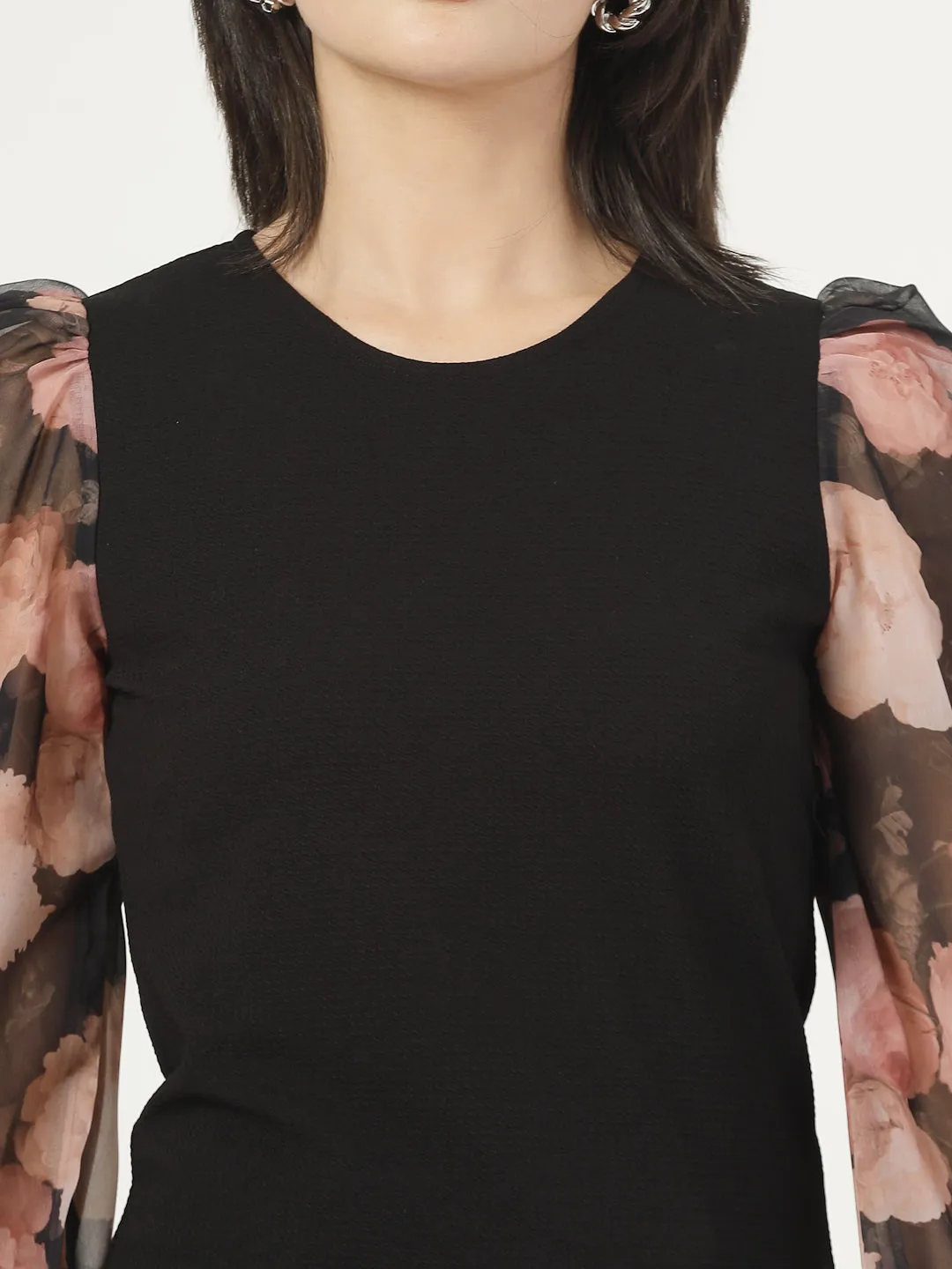 Style Quotient Women Black Top with Printed Sleeves