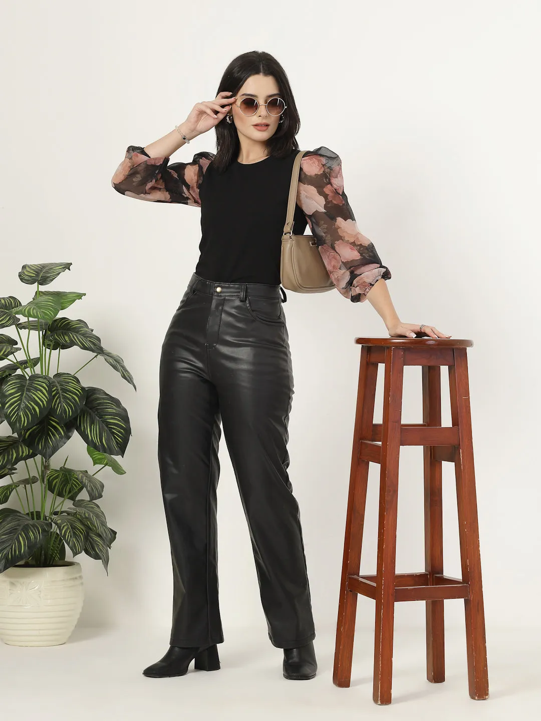 Style Quotient Women Black Top with Printed Sleeves