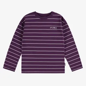 T-shirt rayé prune et crème à manches longues en jersey, enfant || Long-sleeved plum and cream striped t-shirt in  jersey, child