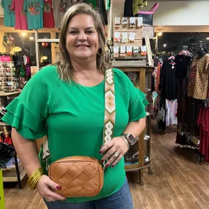 Tan Crossbody with Embroidered Strap Bag