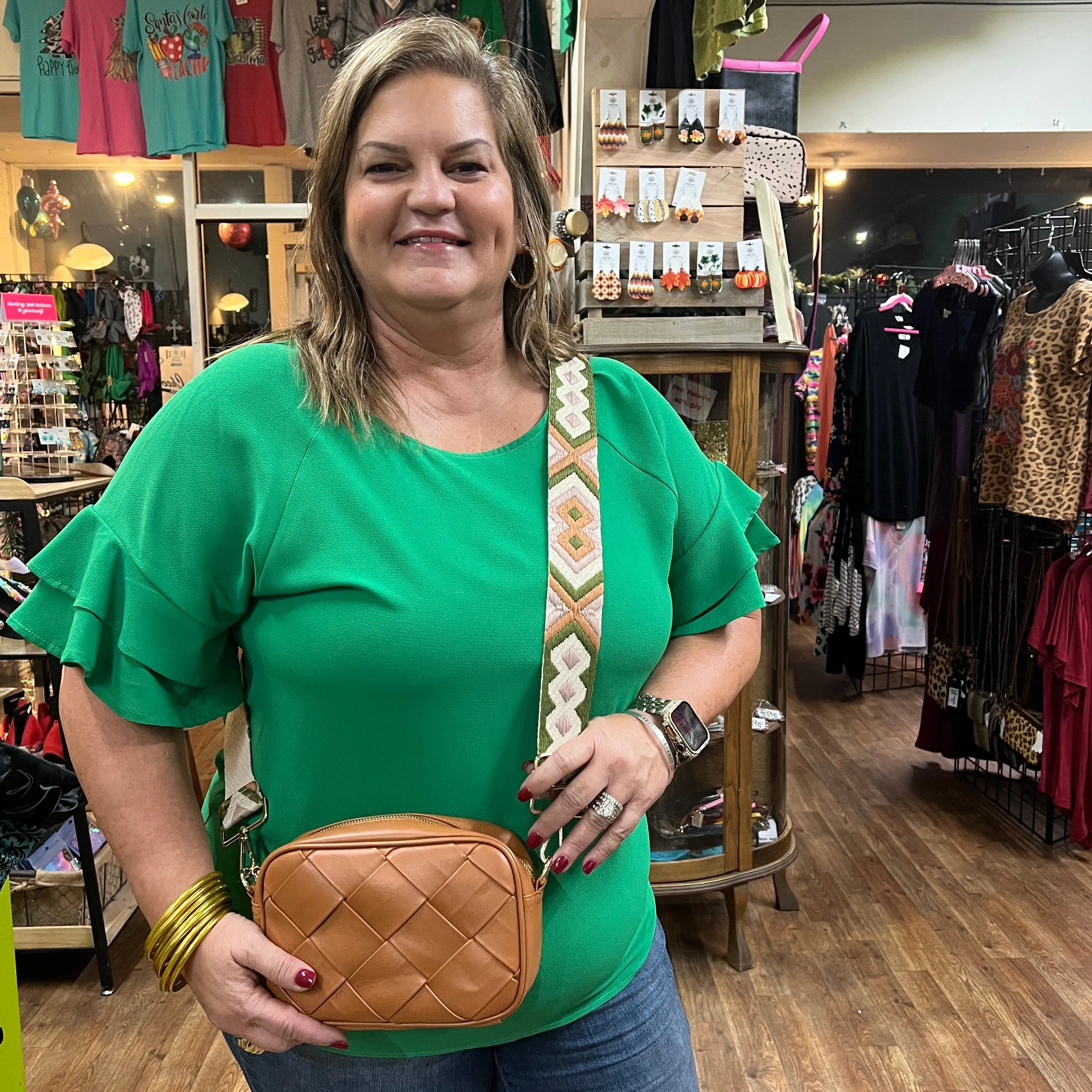 Tan Crossbody with Embroidered Strap Bag