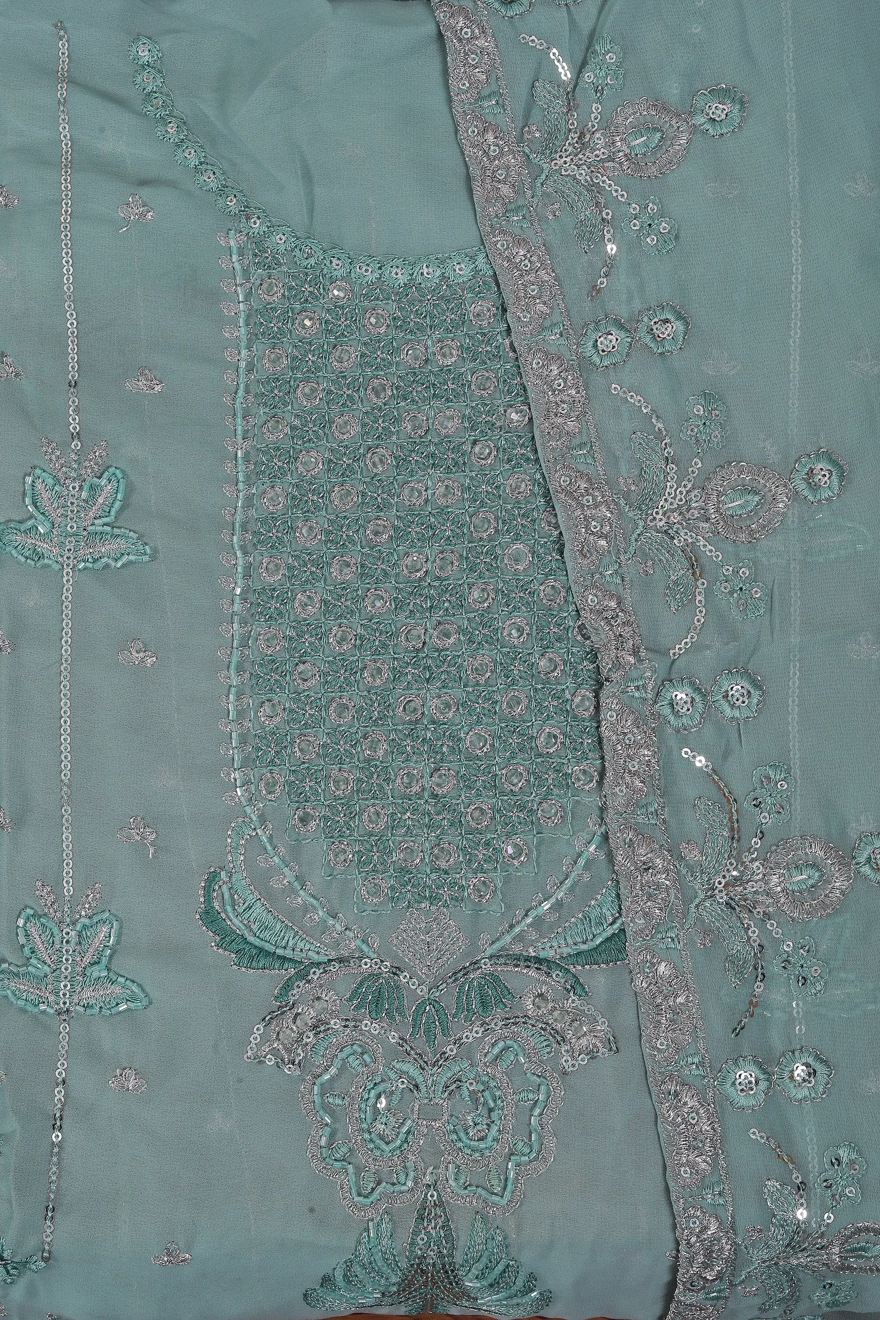 Teal Sequin Embroidered Poly Georgette Dress Material with Dupatta