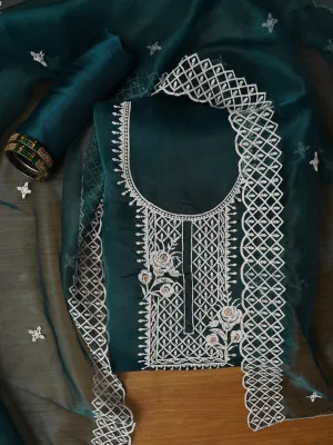 Teal Unstitched Embroidered Organza Dress Material With Dupatta