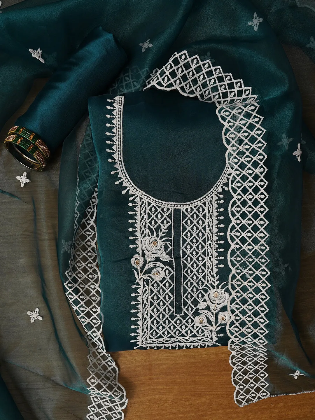 Teal Unstitched Embroidered Organza Dress Material With Dupatta