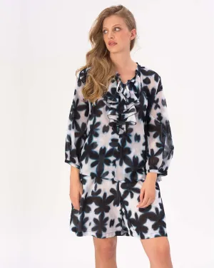 Tie Neck Cotton Watercolor Big Floral Shirt