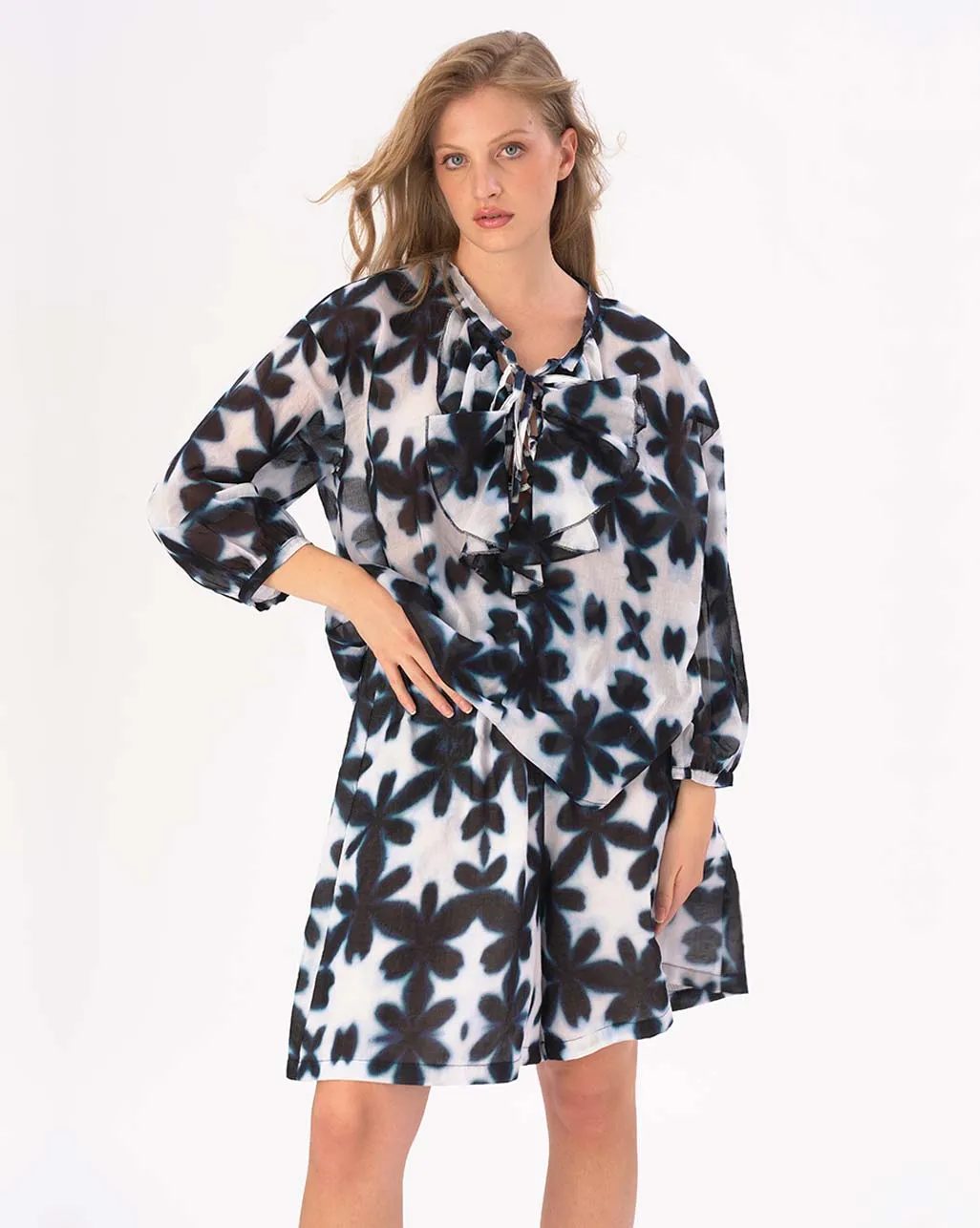 Tie Neck Cotton Watercolor Big Floral Shirt