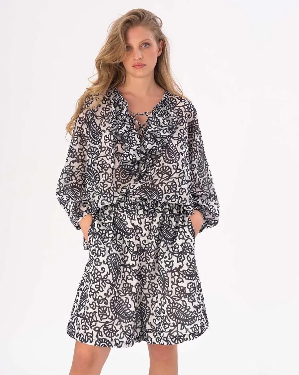 Tie Neck Cotton Watercolor Paisley Floral Shirt