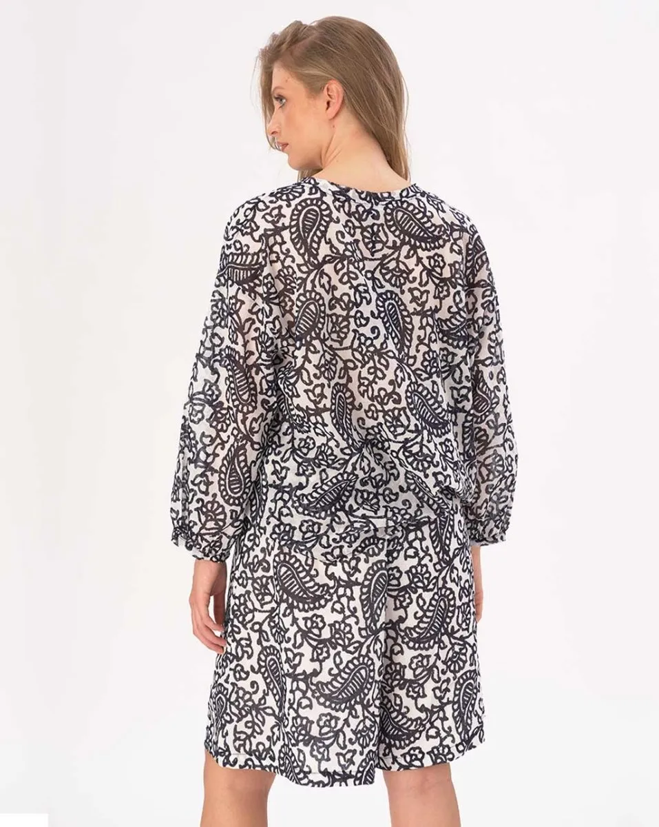 Tie Neck Cotton Watercolor Paisley Floral Shirt