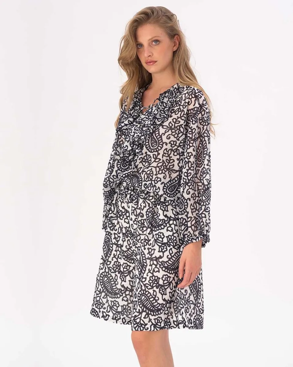 Tie Neck Cotton Watercolor Paisley Floral Shirt